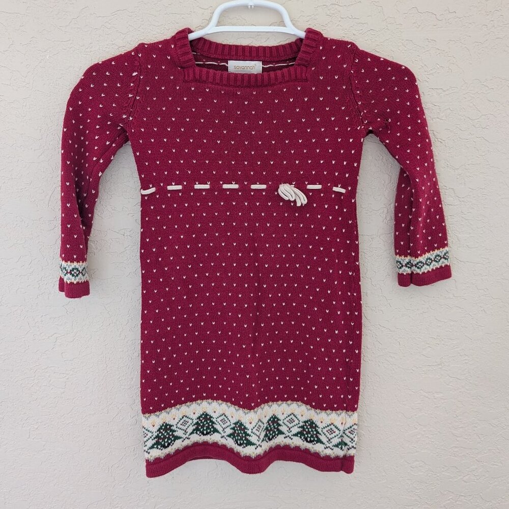Vintage Savannah Girls Christmas Dress Knit Hearts Trees Long Sleeved Bow Sz S